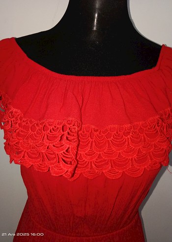 Kırmızı Nakışlı Midi Bohem Elbise - Görsel 4