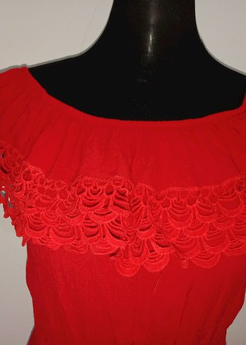 Kırmızı Nakışlı Midi Bohem Elbise - Görsel 5