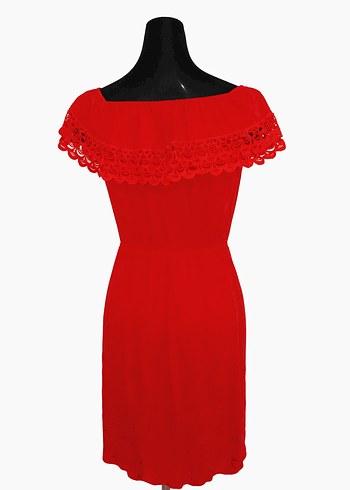 Kırmızı Nakışlı Midi Bohem Elbise - Görsel 3