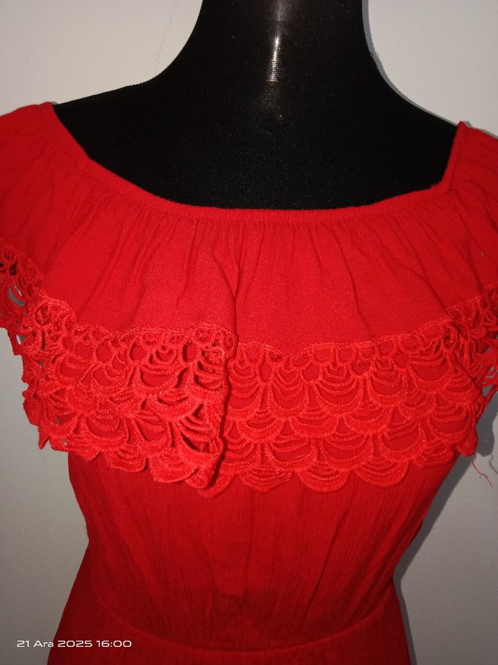 Kırmızı Nakışlı Midi Bohem Elbise - Görsel 4