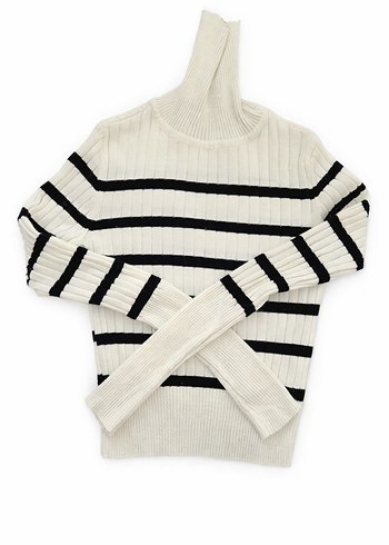 Çizgili Beyaz boğazlı yaka Kısa Kazak-S - Görsel 2