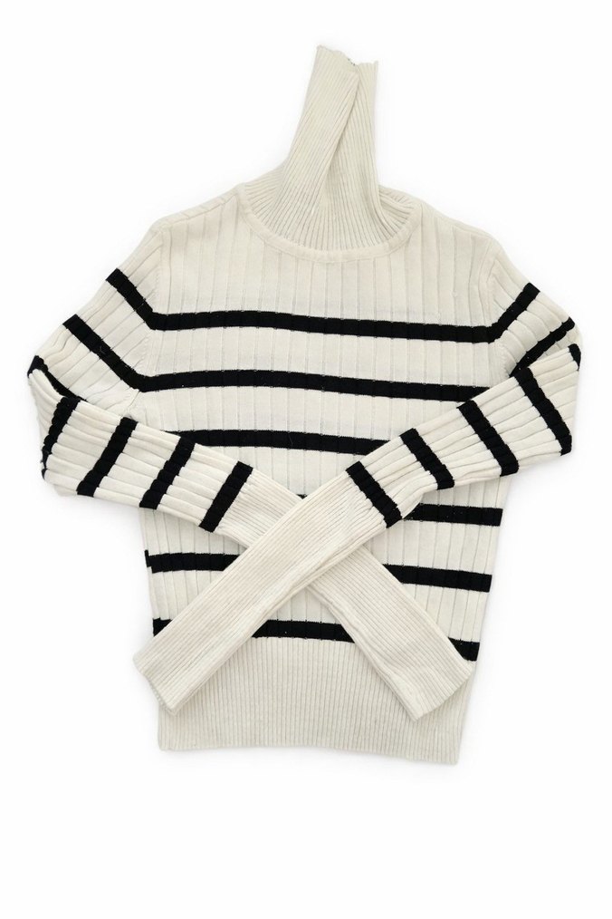 Çizgili Beyaz boğazlı yaka Kısa Kazak-S - Görsel 2