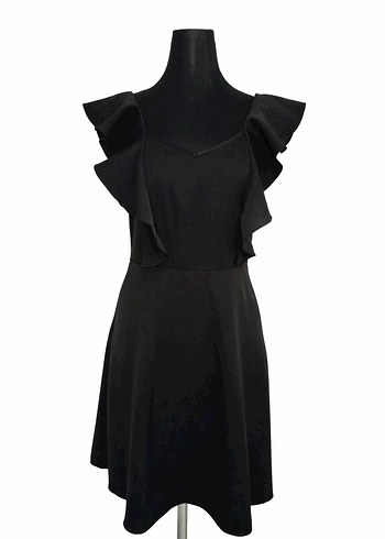 Siyah V Yaka Fırfırlı Midi Elbise - Görsel 2