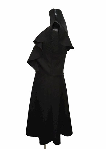 Siyah V Yaka Fırfırlı Midi Elbise - Görsel 3