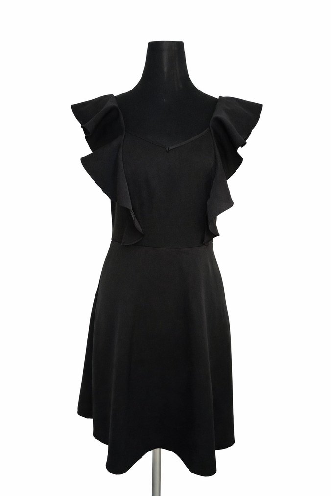 Siyah V Yaka Fırfırlı Midi Elbise - Görsel 2