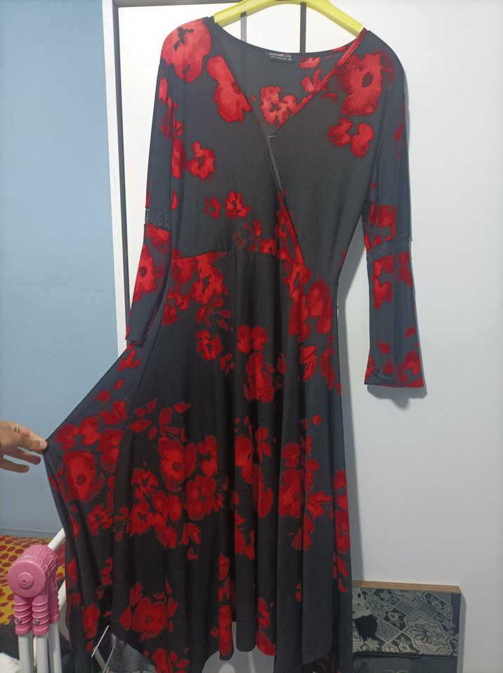 kruvaze yaka İspanyol kol elbise - Görsel 3