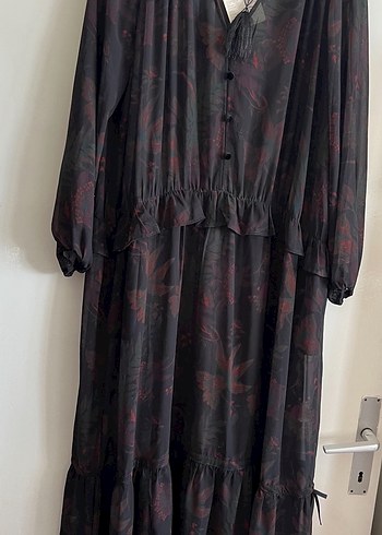 Bordo Uzun Kollu V Yaka Fırfırlı Uzun Elbise - Görsel 2