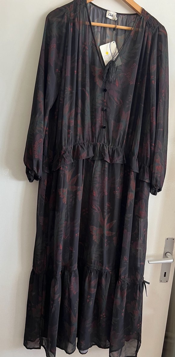 Bordo Uzun Kollu V Yaka Fırfırlı Uzun Elbise - Görsel 2