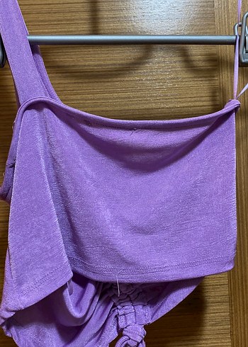 Parlak Mor Drapeli  Büzgülü İpli Tek Kol Crop Top - Görsel 4
