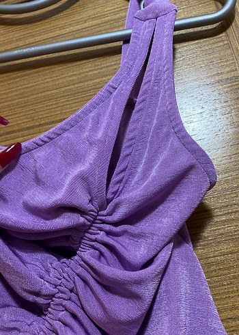 Parlak Mor Drapeli  Büzgülü İpli Tek Kol Crop Top - Görsel 3