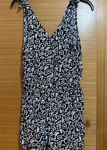 Kadın Siyah Beyaz V Yaka Kolsuz Tulum - Görsel 2