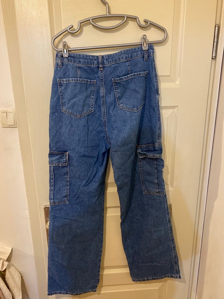 Kadın Mavi Bol Kesim Kot Kargo Pantolon - Görsel 2