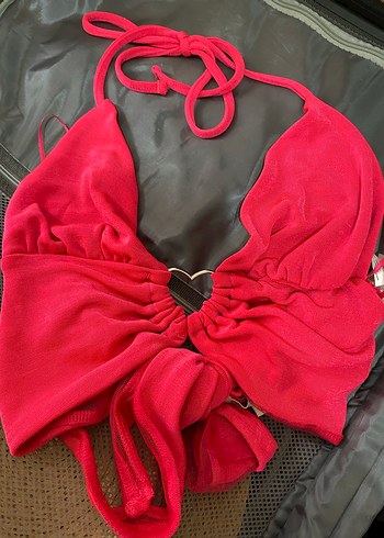 Neon Pembe/ Fuşya Kalp Toka Detaylı Bağlamalı Crop Büstiyer - Görsel 2