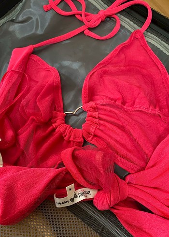 Neon Pembe/ Fuşya Kalp Toka Detaylı Bağlamalı Crop Büstiyer - Görsel 4