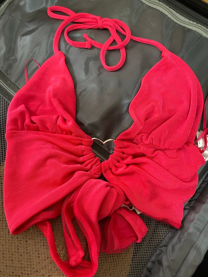 Neon Pembe/ Fuşya Kalp Toka Detaylı Bağlamalı Crop Büstiyer - Görsel 2