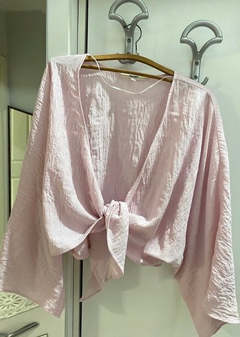 Pembe Keten Kadın Drapeli Wrap Bluz - Görsel 2
