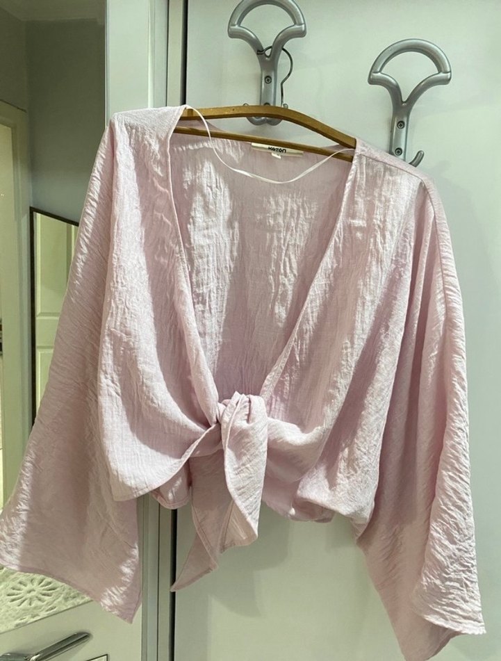 Pembe Keten Kadın Drapeli Wrap Bluz - Görsel 2