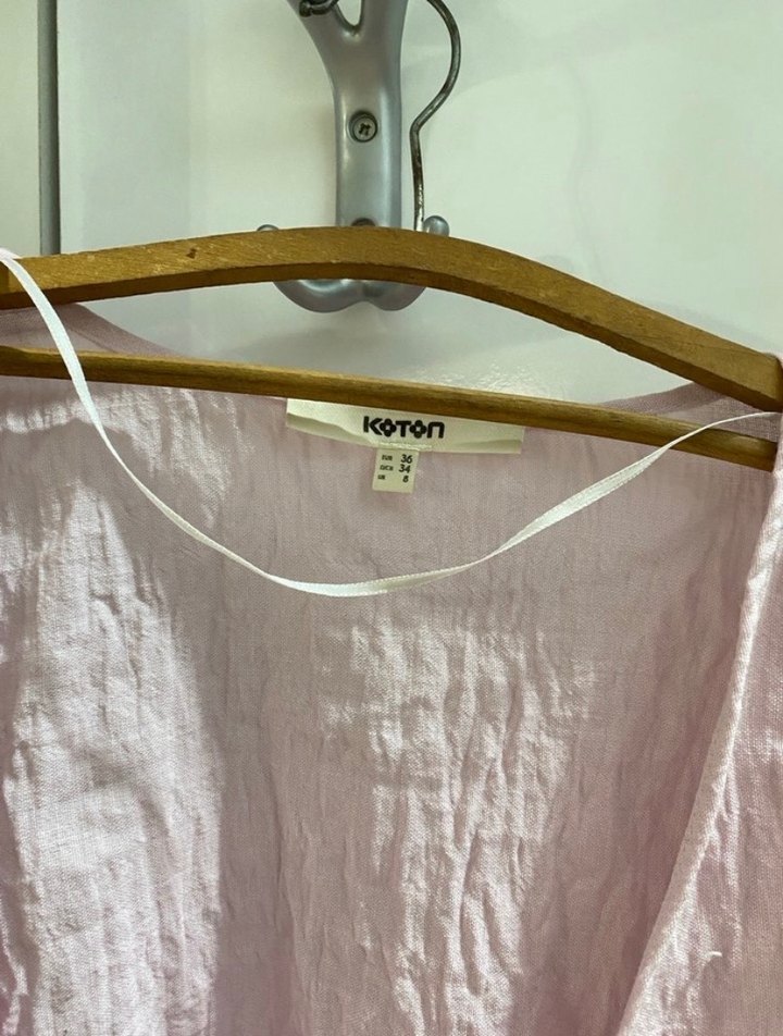 Pembe Keten Kadın Drapeli Wrap Bluz - Görsel 3