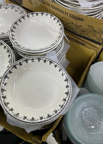 Gri Desenli Beyaz Yemek Tabağı Seti çorba kasesı servıs tabağı - Görsel 2