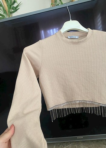 Bej Kısa Fit Triko Kadın Kazak - Görsel 3