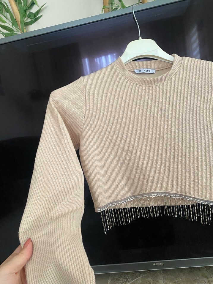 Bej Kısa Fit Triko Kadın Kazak - Görsel 3