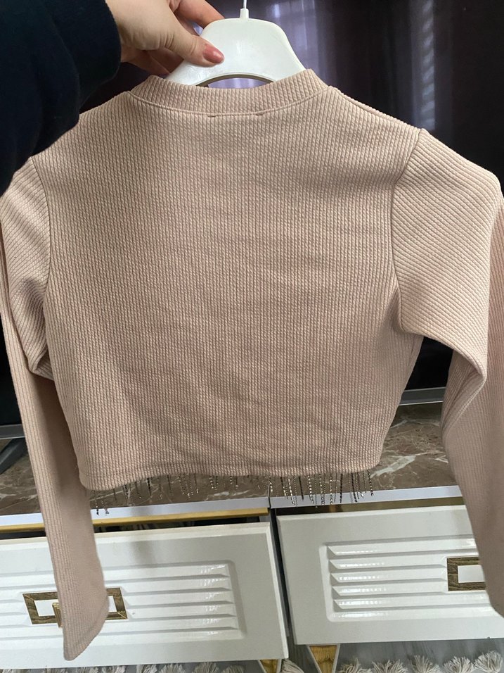 Bej Kısa Fit Triko Kadın Kazak - Görsel 5