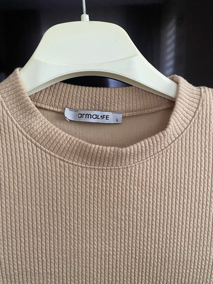 Bej Kısa Fit Triko Kadın Kazak - Görsel 2