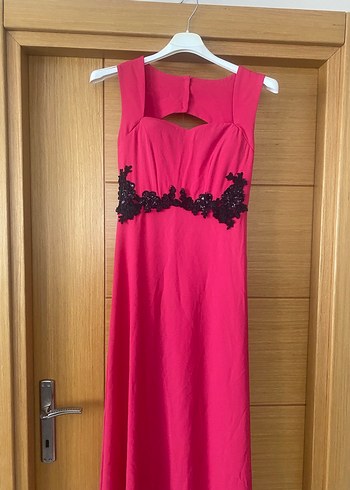 Uzun Pembe Nakışlı Vintage Abiye Elbise - Görsel 2