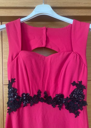 Uzun Pembe Nakışlı Vintage Abiye Elbise - Görsel 3