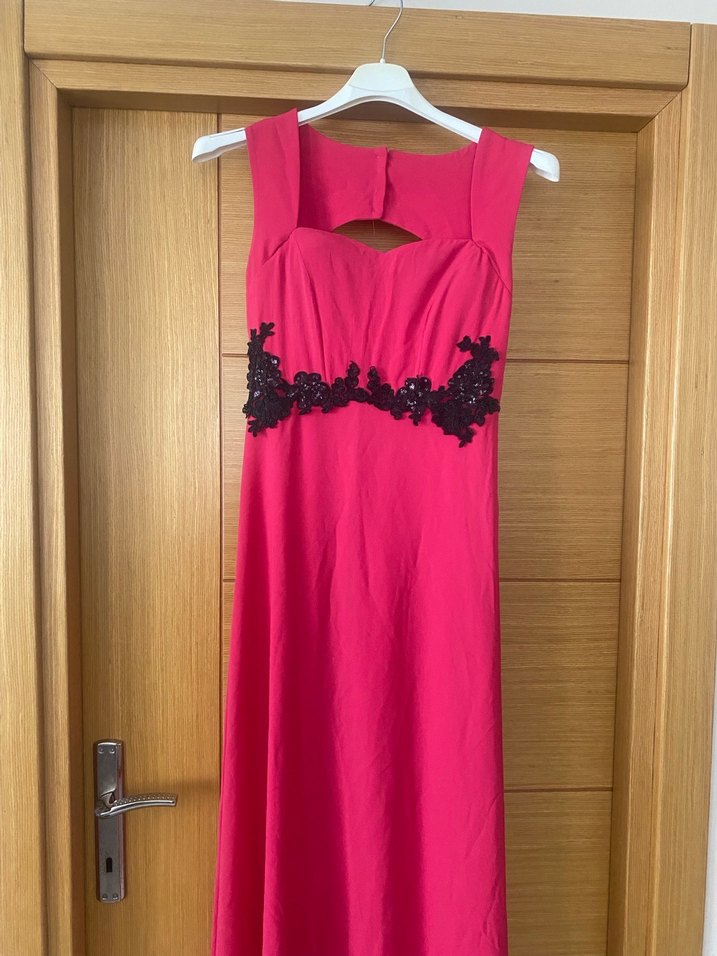 Uzun Pembe Nakışlı Vintage Abiye Elbise - Görsel 2