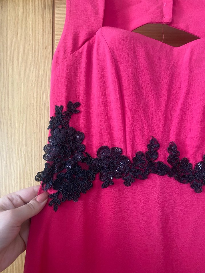 Uzun Pembe Nakışlı Vintage Abiye Elbise - Görsel 4