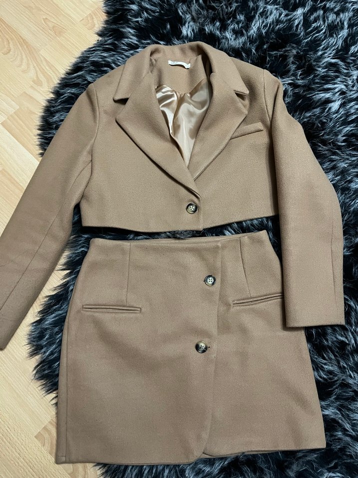 Taba Süet Kadın crop Ceket etek takım - Görsel 2