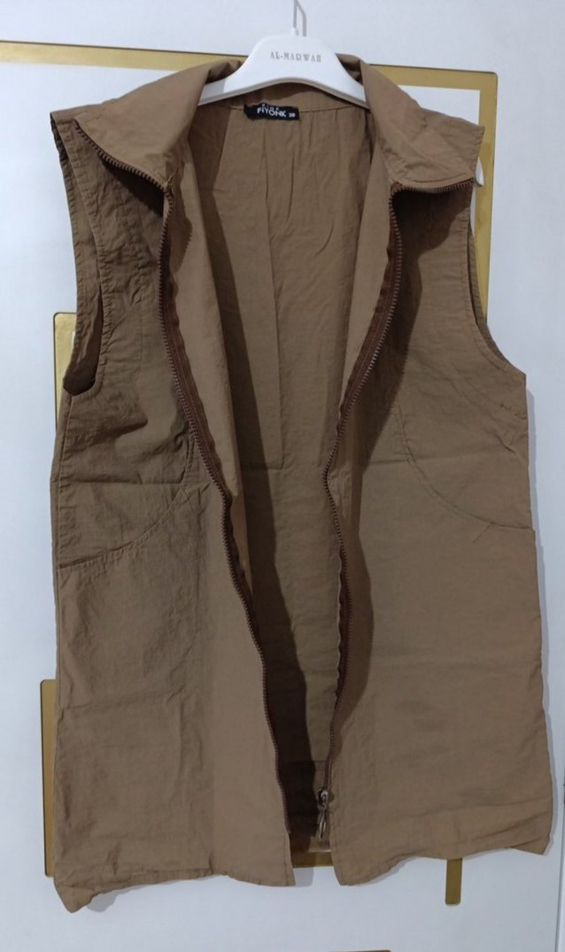 Kahverengi Keten Fermuarlı paraşüt Kadın Yelek - Görsel 4
