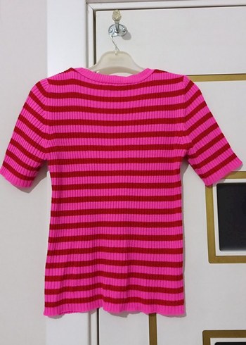 Pembe Çizgili Kısa Kollu Triko Kadın Kazak - Görsel 2