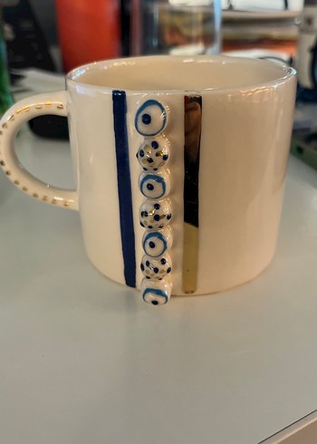 Beyaz Nazar Boncuğu Desenli El yapımı Seramik Kupa - Görsel 2