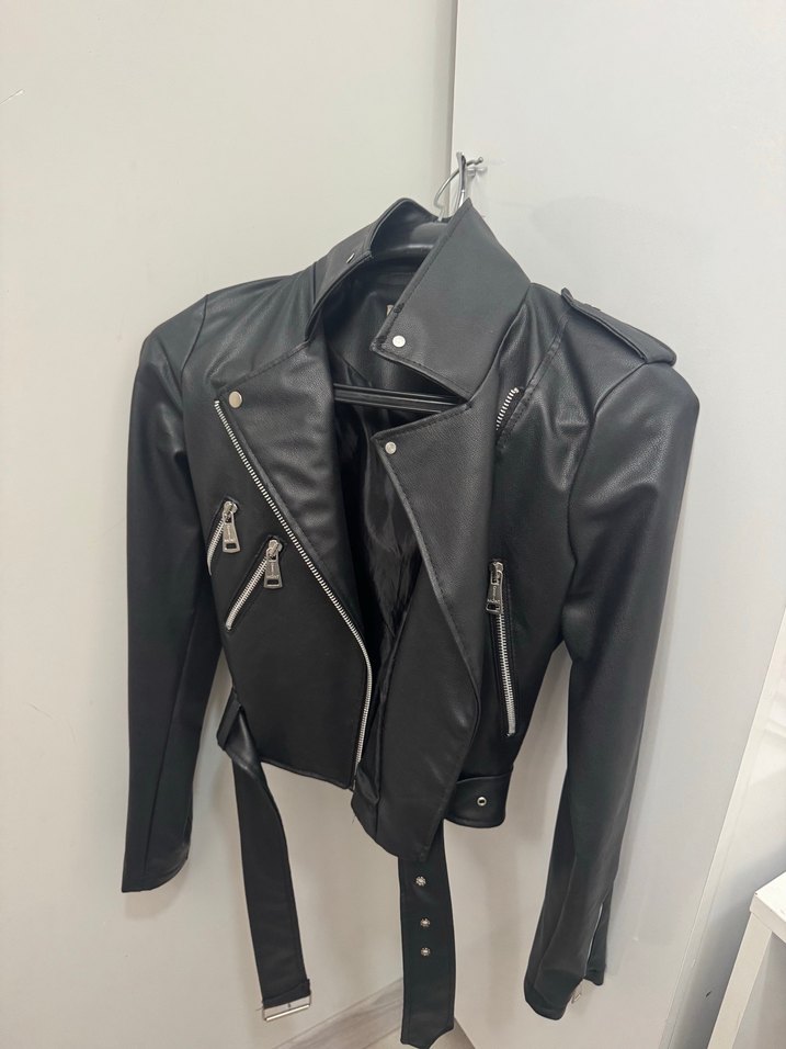 Kadın Siyah Deri Biker Ceket - Görsel 2