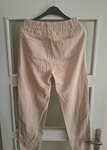 Bej Düğmeli Keten Rahat Kadın Pantolon - Görsel 2