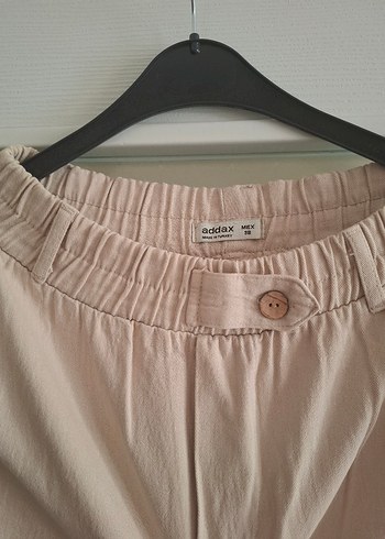 Bej Düğmeli Keten Rahat Kadın Pantolon - Görsel 3