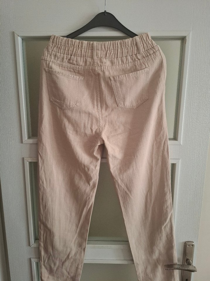 Bej Düğmeli Keten Rahat Kadın Pantolon - Görsel 2