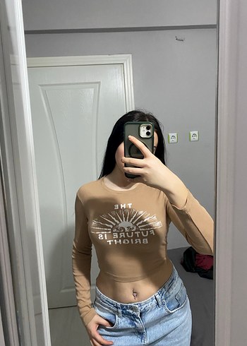 Bej Baskılı Pamuklu Uzun Kollu Hamile Tişörtü - Görsel 2