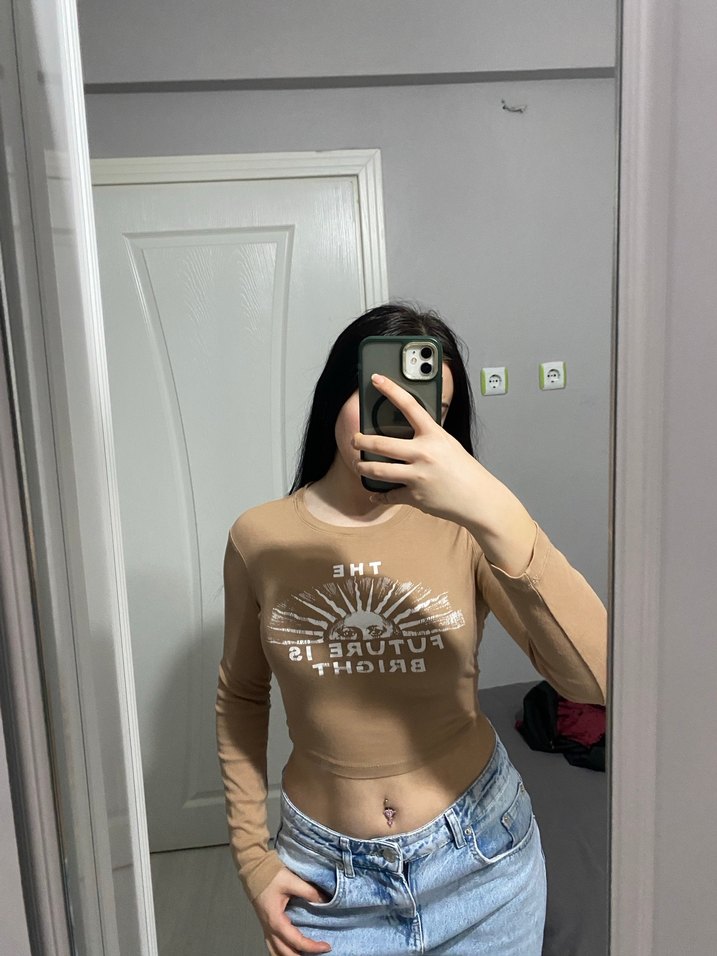 Bej Baskılı Pamuklu Uzun Kollu Hamile Tişörtü - Görsel 2