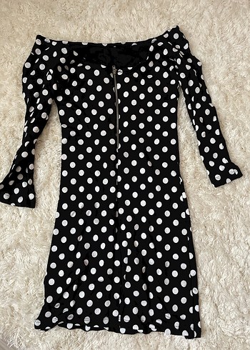 Dirsek Kollu Siyah Puantiyeli Elbise mini - Görsel 2