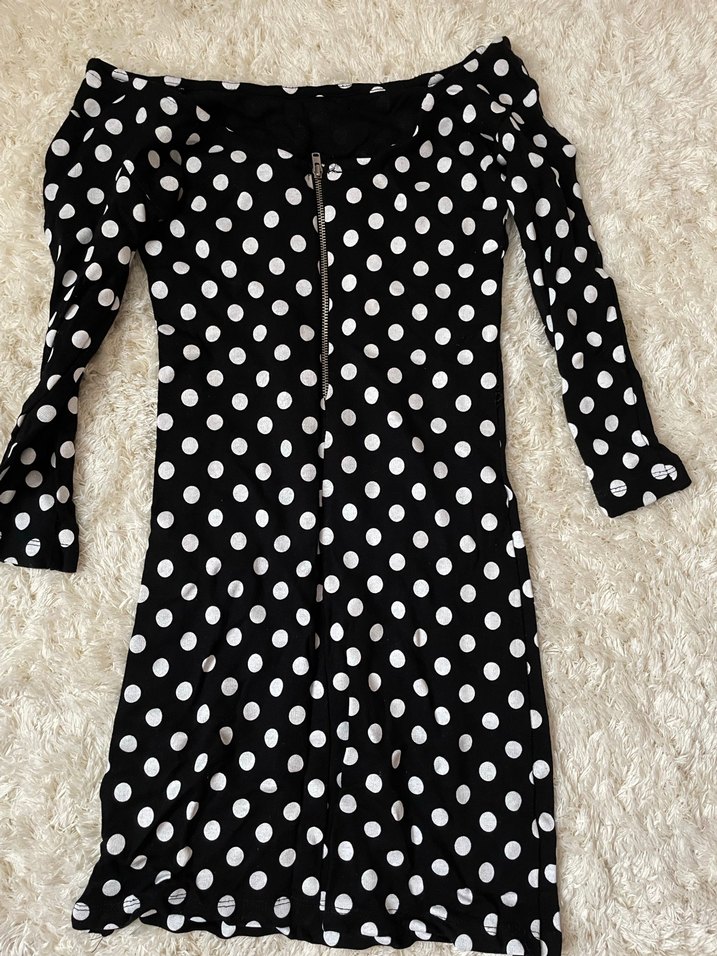 Dirsek Kollu Siyah Puantiyeli Elbise mini - Görsel 3