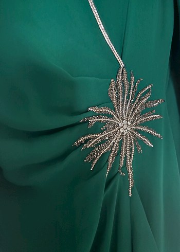 Yeşil Uzun Kollu Drapeli Kadın Abiye Elbise - Görsel 3