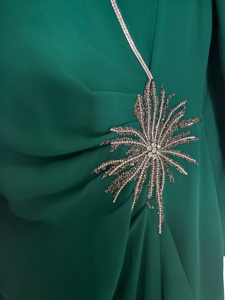 Yeşil Uzun Kollu Drapeli Kadın Abiye Elbise - Görsel 3