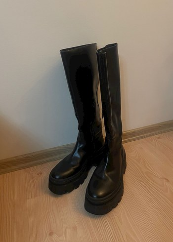 Siyah Deri Platform Topuklu Diz boyu Kadın Çizme - Görsel 3