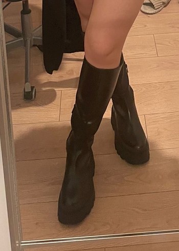 Siyah Deri Platform Topuklu Diz boyu Kadın Çizme - Görsel 4