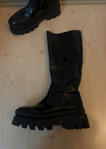 Siyah Deri Platform Topuklu Diz boyu Kadın Çizme - Görsel 2