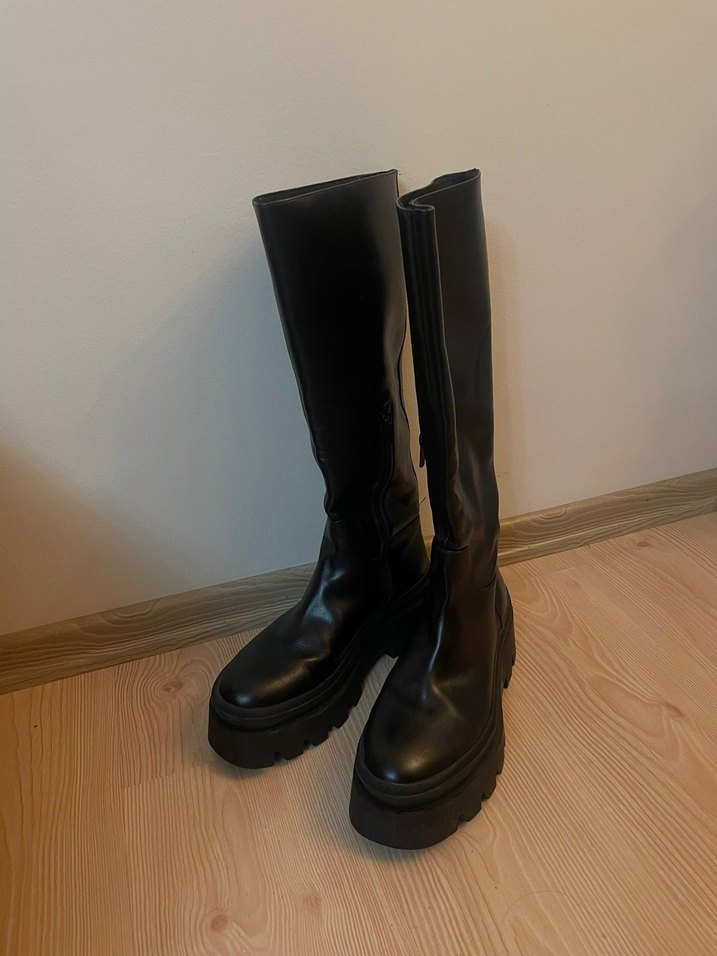 Siyah Deri Platform Topuklu Diz boyu Kadın Çizme - Görsel 3