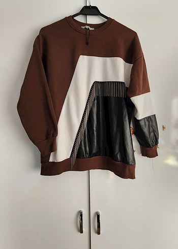Zara Deri Detaylı Kahverengi Kadın Sweatshirt